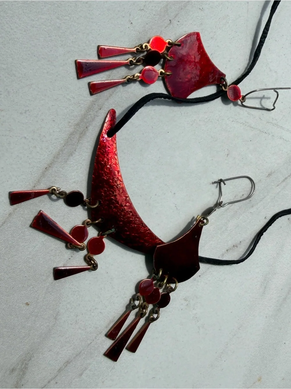 Red Enamel Dangle Necklace and Earring Set